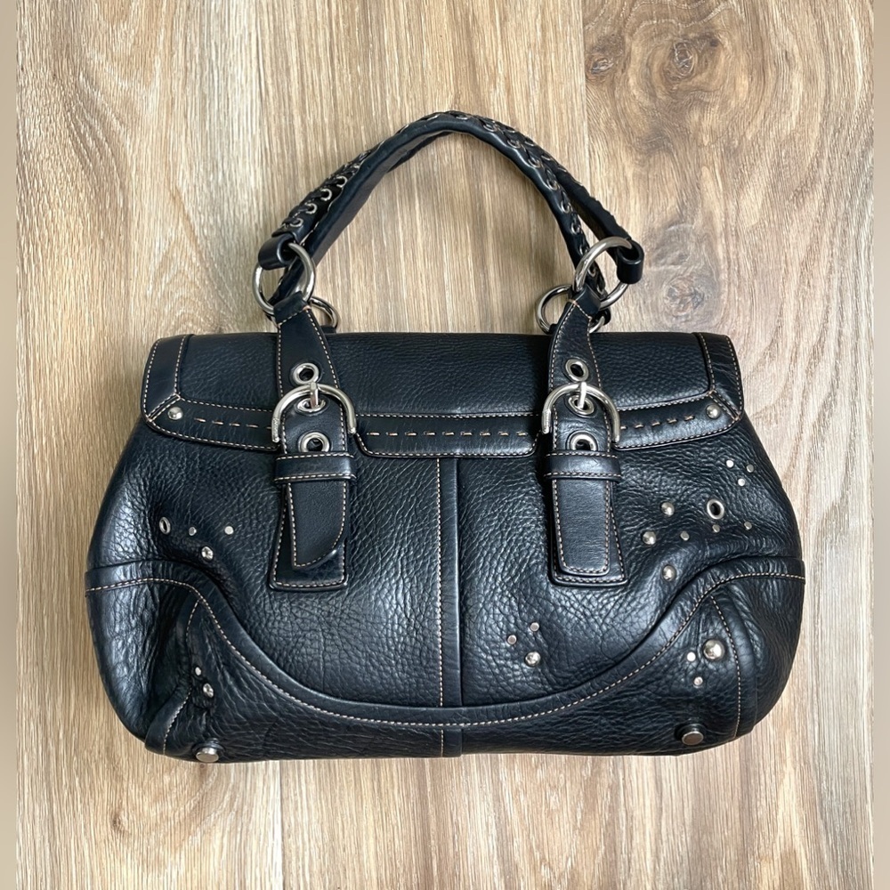 COACH RARE LIMITED EDITION STUDDED BLACK EXPANDABLE FLAP LEATHER SATCHEL BAG - Picture 3 of 6